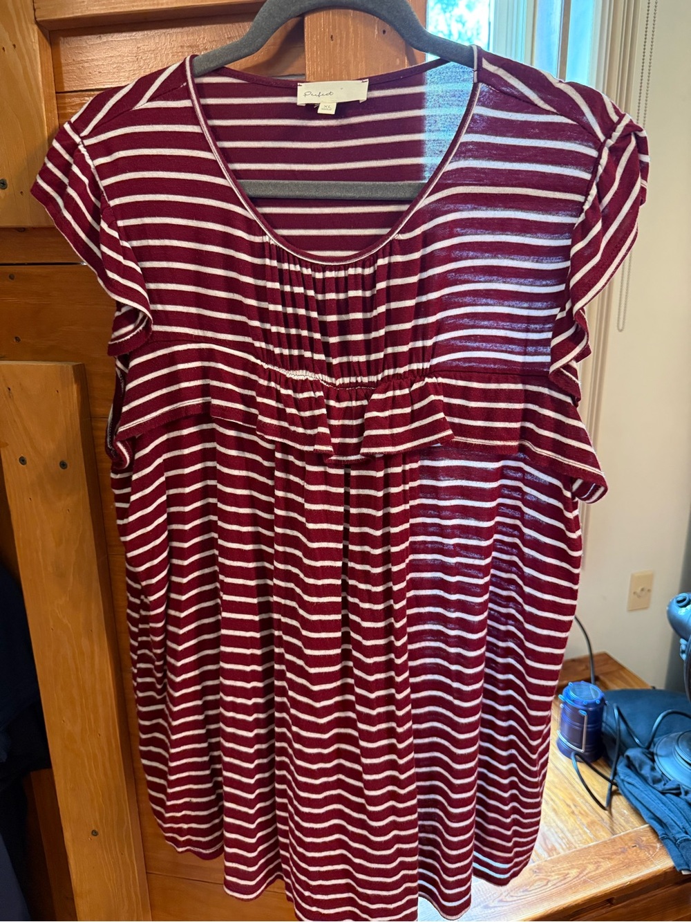 Striped Burgundy and White Ruffle-Front Top